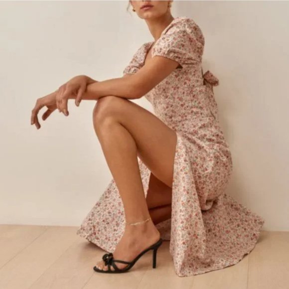 BEST Reformation Denver Linen Midi Dress - Fairy Beige Orange Floral Wedding Par - Picture 2 of 9